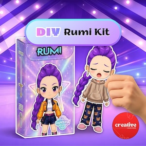 May include: DIY Rumi Kit featuring a cartoon character with purple hair and a yellow jacket. The kit includes a box with the character's image and the text "Rumi". The background is purple with a starry design.