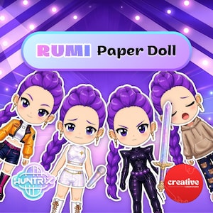 Könnte beinhalten: Ein Rumi-Papierpuppen-Set mit vier Chibi-Figuren mit violettem geflochtenem Haar. Die Figuren tragen verschiedene Outfits, darunter eine orangefarbene Jacke, ein weißes zweiteiliges Set, eine schwarze Rüstung mit Schwert und einen beigen Kapuzenpullover.
