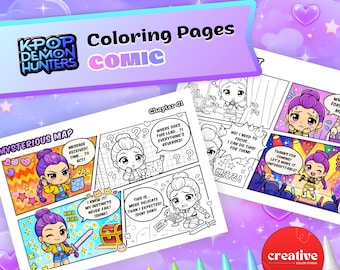 Libro para colorear de cómics de cazadores de demonios de KPop / Colorea y escribe tu propia historia / PDF interactivo imprimible