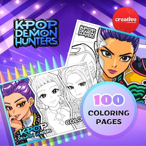 100 páginas para colorear de Huntrix / Libro para colorear de cazadores de demonios K-Pop / 22 pegatinas / (Descarga digital)