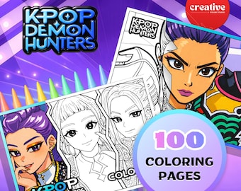 100 Huntrix Coloring Pages | K-Pop Demon Hunters Coloring Book | 22 Stickers | (Digital Download)
