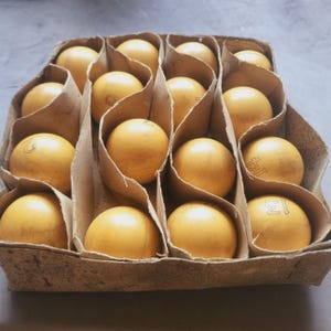 May include: A cardboard egg carton containing fifteen smooth, round, yellow balls. Each ball is individually nestled in a compartment and features a small, dark, printed number on its surface, including visible numbers like 2, 6, 13, and 14.