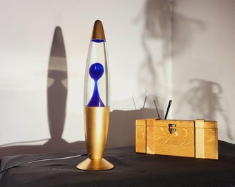 Vintage Gold Lava Lamp, 1990s Retro Blue Liquid Home Decor