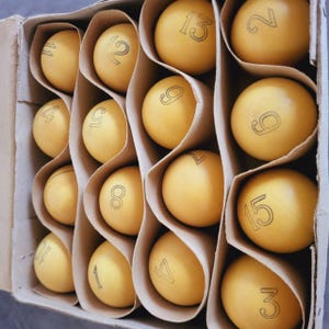 Puede incluir: Un conjunto de quince bolas esféricas de color amarillo mate dispuestas en una caja de cartón con separadores. Cada bola está marcada con un número negro distinto del uno al quince, impreso en una fuente sans-serif simple en la superficie.