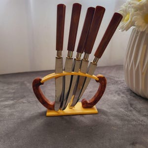 Set di coltelli da frutta in bachelite Art Déco, in acciaio inossidabile Solingen, con manici in marmo e supporto Bauhaus.