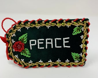 Beaded Christmas Ornament Tag shape with PEACE on front