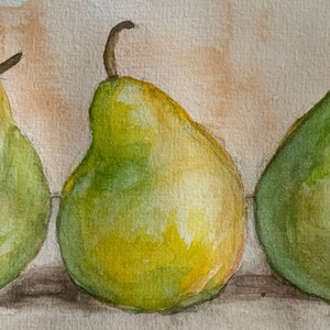 Dipinto ad acquerello originale raffigurante tre pere. Disegno botanico ad acquerello su carta di cotone da 140 libbre.