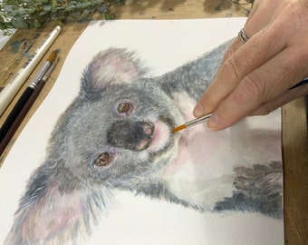 original heirloom watercolor painting on A4. Outback wall art. Hand painted koala hyper realism in professional watercolor paints