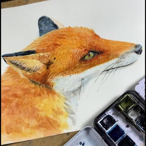 Dipinto a mano realistico Originale dipinto ad acquerello di un bellissimo ritratto di volpe su carta di cotone di formato A4 standard. Arte per bambini