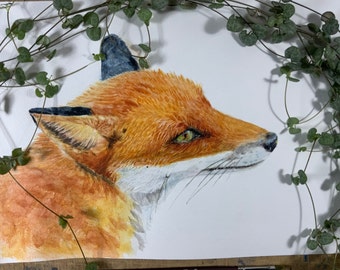 Hand painted realistic Original watercolor painting of a beautiful fox on standard A4 size cotton paper. Nursery art