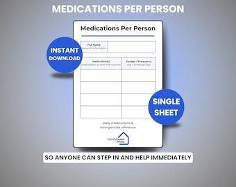 May include: A printable "Medications Per Person" form with sections for personal information, medication details, and dosage. The form is labeled "Instant Download" and "Single Sheet" with the text "So anyone can step in and help immediately."