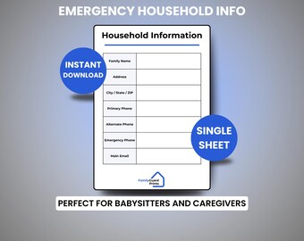 Könnte beinhalten: Ein druckbares Haushaltsinformationsblatt mit Feldern für Familiennamen, Adresse und Notfallkontakte. Das Blatt enthält den Text "Haushaltsinformationen" und ist mit "Sofort-Download" und "Einzelblatt" in blauen Kreisen versehen.