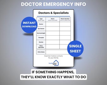 Puede incluir: Una hoja de contacto médico imprimible titulada "Doctors & Specialists" con campos para el tipo de médico, nombre y número de teléfono. Incluye el texto "Descarga instantánea" y "Hoja única" en círculos azules.