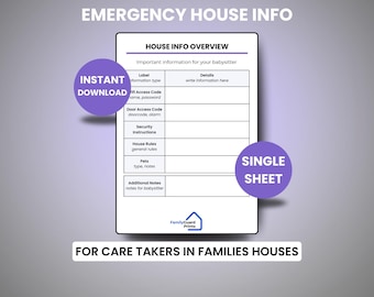 Könnte beinhalten: Ein Informationsblatt für das Haus mit dem Text "EMERGENCY HOUSE INFO" oben. Das Blatt enthält Abschnitte für WLAN-Zugang, Türcodes, Sicherheitsanweisungen, Hausregeln und Informationen zu Haustieren. Die Wörter "SOFORT-DOWNLOAD" und "EINZELNES BLATT" sind ebenfalls sichtbar.