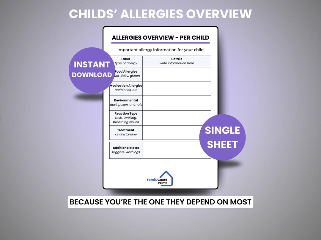 Allergy Patch Testing Sheet.pdf Children Allergies Overview Sheet | Emergency Binder | Printable PDF ...