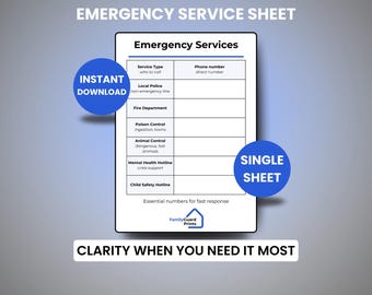 May include: Emergency services sheet with a list of emergency contacts. The sheet includes sections for local police, fire department, poison control, animal control, mental health hotline, and child safety hotline. The text "Instant Download" and "Single Sheet" are also visible.