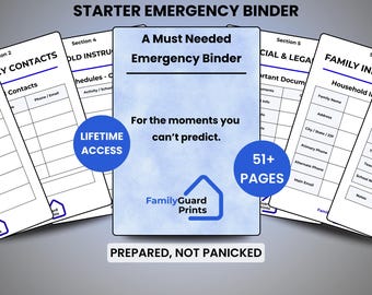 Puede incluir: Un archivador de emergencia de inicio con el texto "A Must Needed Emergency Binder". El archivador incluye secciones para contactos, horarios e información familiar. Tiene más de 51 páginas y ofrece acceso de por vida.