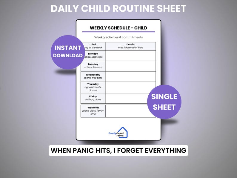 Weekly Routine Children Sheet | Emergencies for Household | Printable ...