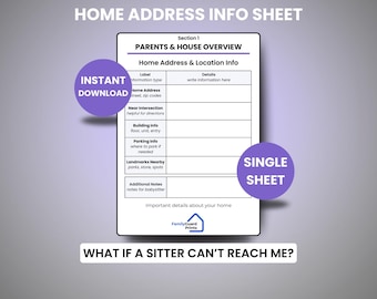 Könnte beinhalten: Ein druckbares Informationsblatt zur Wohnadresse mit dem Text "HOME ADDRESS INFO SHEET" oben. Das Blatt enthält Abschnitte für Eltern und Hausübersicht, Wohnadresse und Standortinformationen. Die Wörter "INSTANT DOWNLOAD" und "SINGLE SHEET" befinden sich in lila Kreisen.