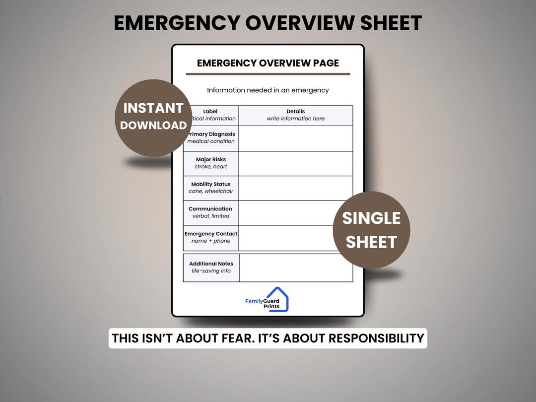 Emergency Overview Sheet | Senior Emergency Binder | Printable PDF ...