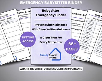 Puede incluir: Un archivador de emergencia para niñeras con el texto "Evite errores de niñera con una guía escrita clara". Incluye secciones sobre seguridad infantil, rutinas matutinas e información de emergencia.