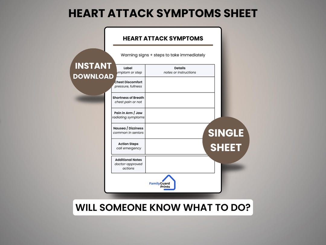 Senior Heart Attack Symptoms Sheet | Emergency Binder | Printable PDF ...