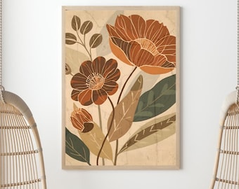 Mitte des Jahrhunderts moderne Blumenwandkunst, Vintage botanische druckbare, warme Erdton-Blumenkunst, Retro MCM abstrakte Blumen