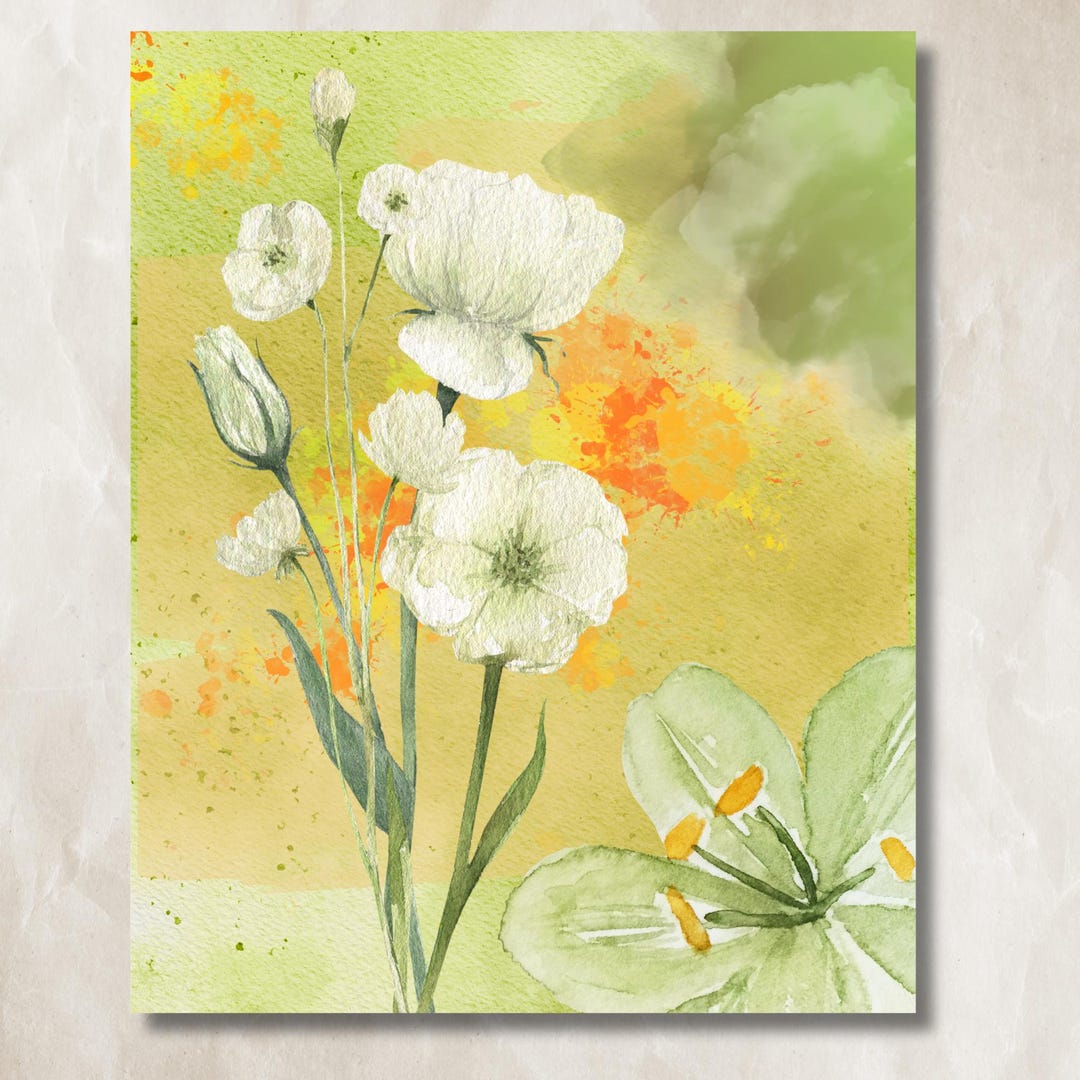 Watercolor Floral Wall Art Digital Download | Green & Yellow Botanical ...