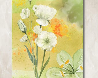 Watercolor Floral Wall Art Digital Download | Green & Yellow Botanical Print