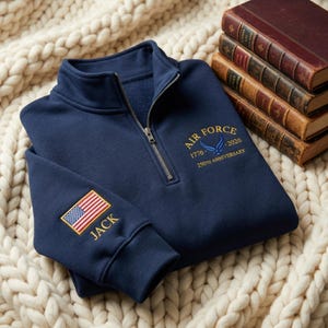 Benutzerdefinierter Name US Air Force 250th besticktes Sweatshirt mit Reißverschluss, personalisierter USAF Airman Pullover, Geschenk 1776-2026