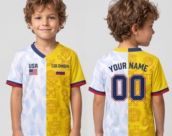 Camiseta de fútbol personalizada mitad estadounidense, mitad colombiana / Nombre personalizado