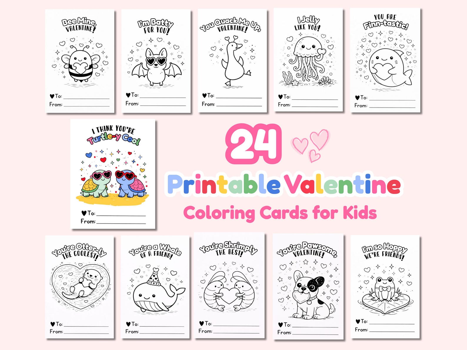 Kids Kawaii Valentine Coloring Cards Printable – 24 Animal Pun ...
