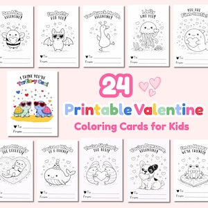 Kids Kawaii Valentine Coloring Cards Printable – 24 Animal Pun Valentines for Classroom, Black & White Coloring Cards