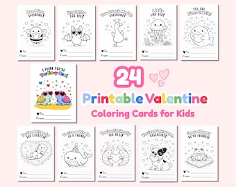 Tarjetas para colorear de San Valentín kawaii para niños: 24 juegos de palabras con animales para el aula (tarjetas para colorear en blanco y negro)