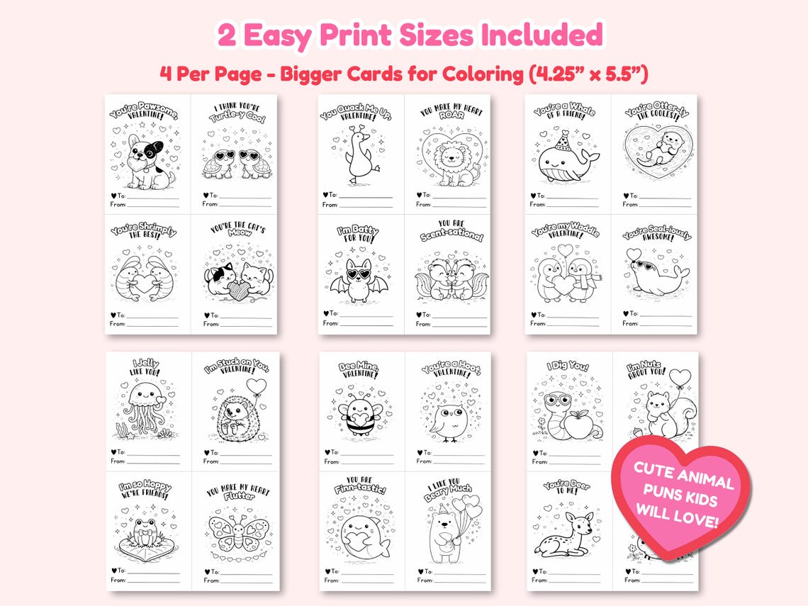 Kids Kawaii Valentine Coloring Cards Printable – 24 Animal Pun ...