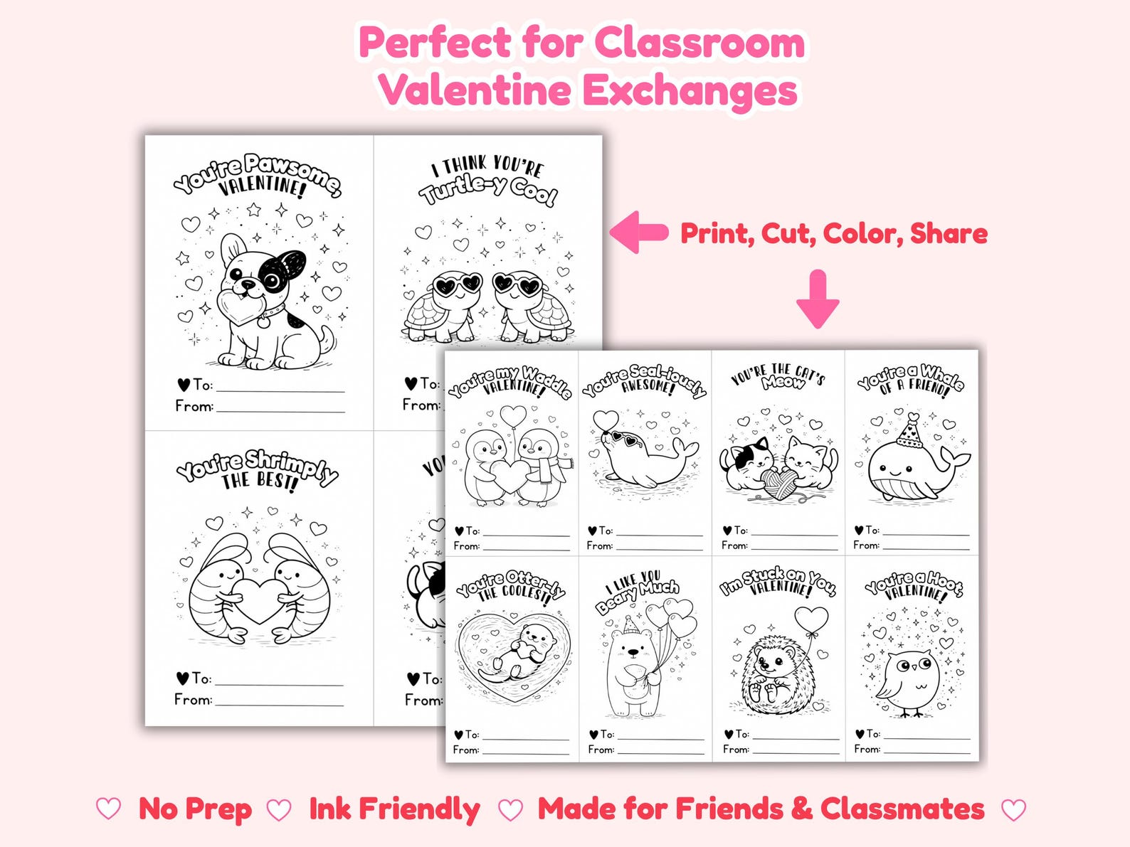 Kids Kawaii Valentine Coloring Cards Printable – 24 Animal Pun ...