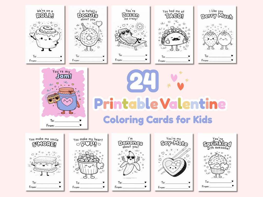 Kids Kawaii Valentine Coloring Cards – 24 Sweet Treat Pun Valentines ...