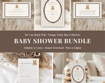 Baby Shower Einladung Bundle Vorlage | Vintage Teddy Bär-Babyparty | Bearbeitbare Canva Baby Shower Spiele & Printables