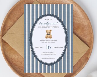 Vintage Blau Babypartyeinladung Vorlage | Teddy Bär druckbare einladen | Canva Bearbeitbar | Wir können kaum warten