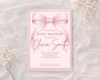 Rosa Schleife-Babyparty-Einladungsvorlage, Kokette Babyparty-Einladung, Mädchen-Babyparty-Einladung, bearbeitbare Canva-Vorlage