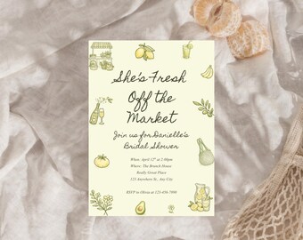 Frisch aus dem Markt Brautparty-Einladungsvorlage | Gartenparty Thema Zitrone | Bearbeitbar Canva Invite | Druckbar und mobil