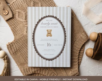 Teddybär-Babyparty-Einladung | Vintage Neutral Babyparty einladen | Bearbeitbare Canva Vorlage | Druckbar oder Digital