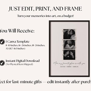 May include: A framed print with three black and white photos of two people embracing. The print includes the text "Mom, my favorite place is with you" and names. The text "JUST EDIT, PRINT, AND FRAME" is at the top.