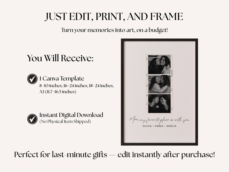 May include: A framed print with three black and white photos of two people embracing. The print includes the text "Mom, my favorite place is with you" and names. The text "JUST EDIT, PRINT, AND FRAME" is at the top.