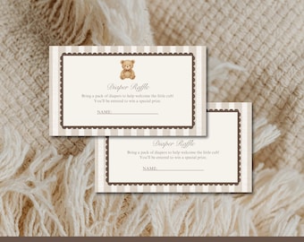 Vintage Cub Windel Raffle Karte, Teddy Bär Baby Shower Windel Printable, Gender Neutral Baby Shower Spiel