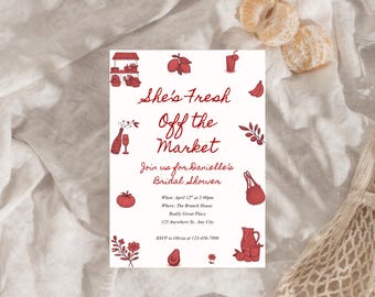 Sie ist frisch vom Markt Brautparty-Einladung | Bauern Markt Dusche Theme | Bearbeitbare Canva Vorlage | Druckbar und mobil