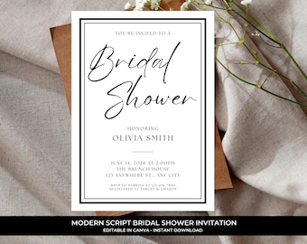 Zarte Brautparty Einladung | Moderne Schrift Leinwand Vorlage | Ausdruckbare Black & White Wedding Shower Einladen