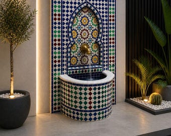 Fuente de pared de mosaico marroquí: fuente de azulejos zellige hechos a mano, decoración de jardín para interiores y exteriores, lujosa fuente de pared para patio marroquí.