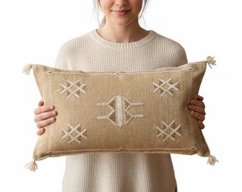 Handwoven Sabra Cactus Silk Lumbar Pillow, Boho Moroccan Decor, Tribal Throw Cushion