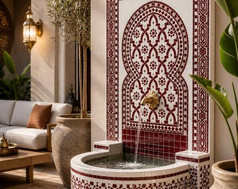Luxury Moroccan Zellige Wall Fountain – Handmade Mosaic Tile Fountain with Brass Faucet, Indoor Outdoor Patio Decor, Traditional Geometric